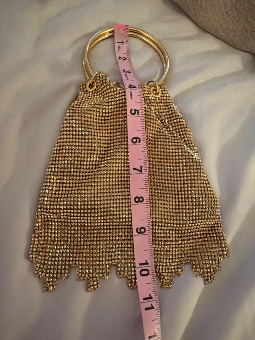 Whiting & Davis Womens Gold Mesh Evening Bag Ring Handles Ruffled Fringe Vintage